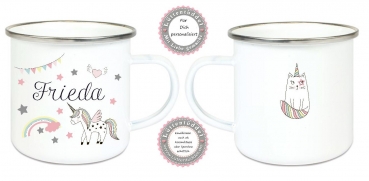 ♥ Becher Tasse Emaillebecher Einhorn Regenbogen Sterne Wunschname, Einschulung KITA Dankeschön, Abschied, Jubiläum, Geschenk, von Lüttentüddel